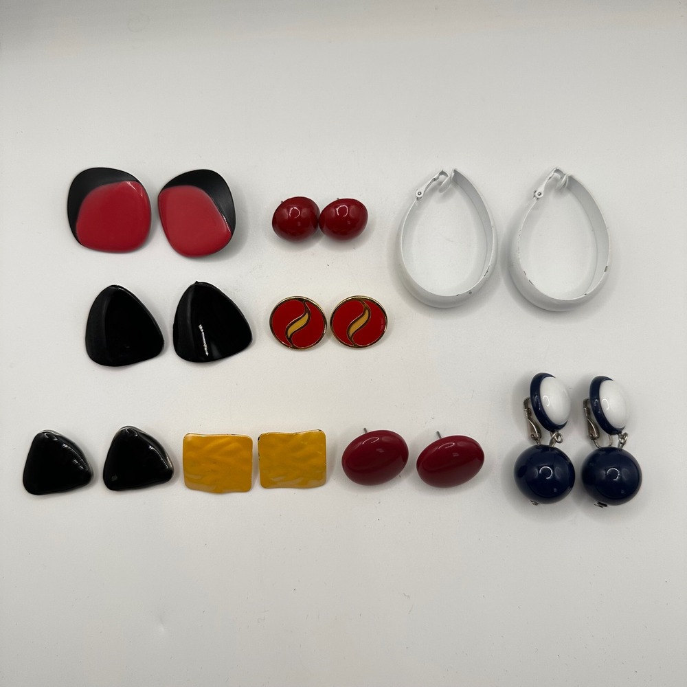 Vintage 80s 90s Earring Lot Retro Enamel Geometric Hoops Studs Clip On Pierced